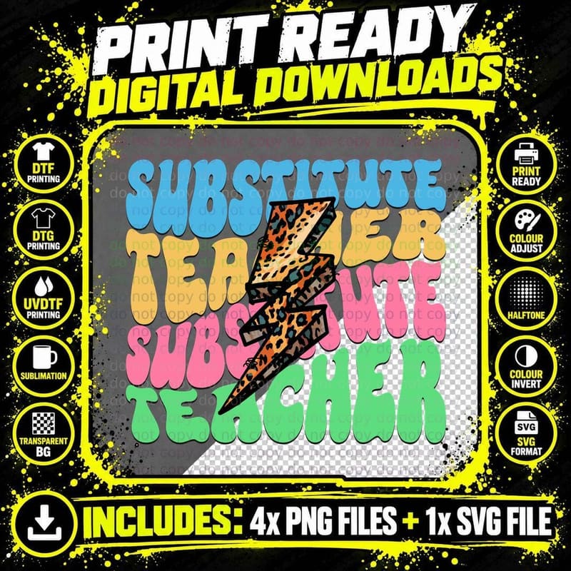 Substitute Teacher T-Shirt, Leopard Lightning Bolt Over Png SVG Digital Bundle