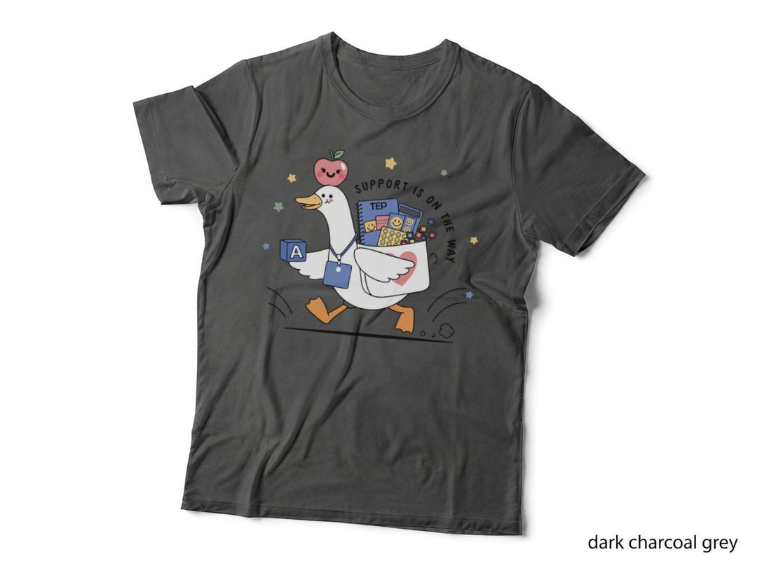 Support Is on the Way Funny Teacher T-Shirt, Duck Carrying Supplies with Apple