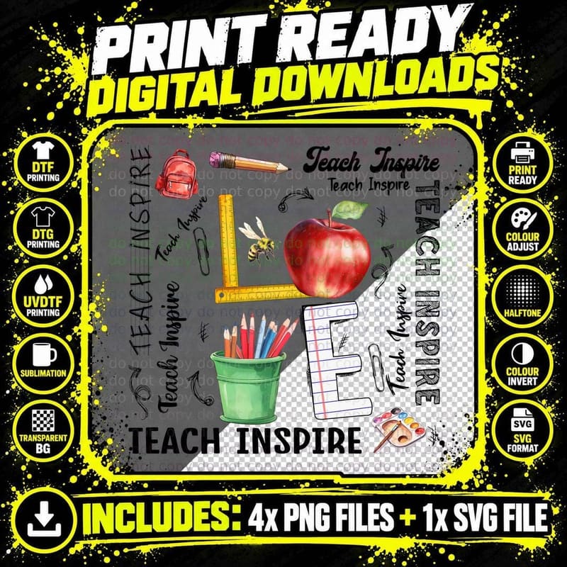 Teach Inspire Teacher T-Shirt, School Supplies Collage Png SVG Digital Bundle