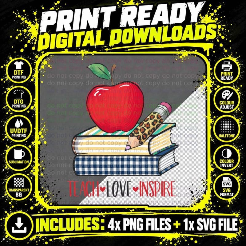 Teach Love Inspire Teacher T-Shirt Png SVG Digital Bundle