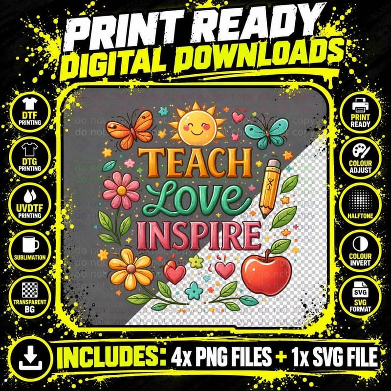 Teach Love Inspire Teacher T-Shirt Png SVG Digital Bundle