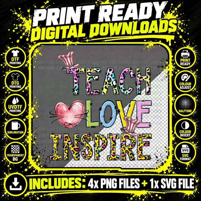 Teach Love Inspire Teacher T-Shirt Png SVG Digital Bundle