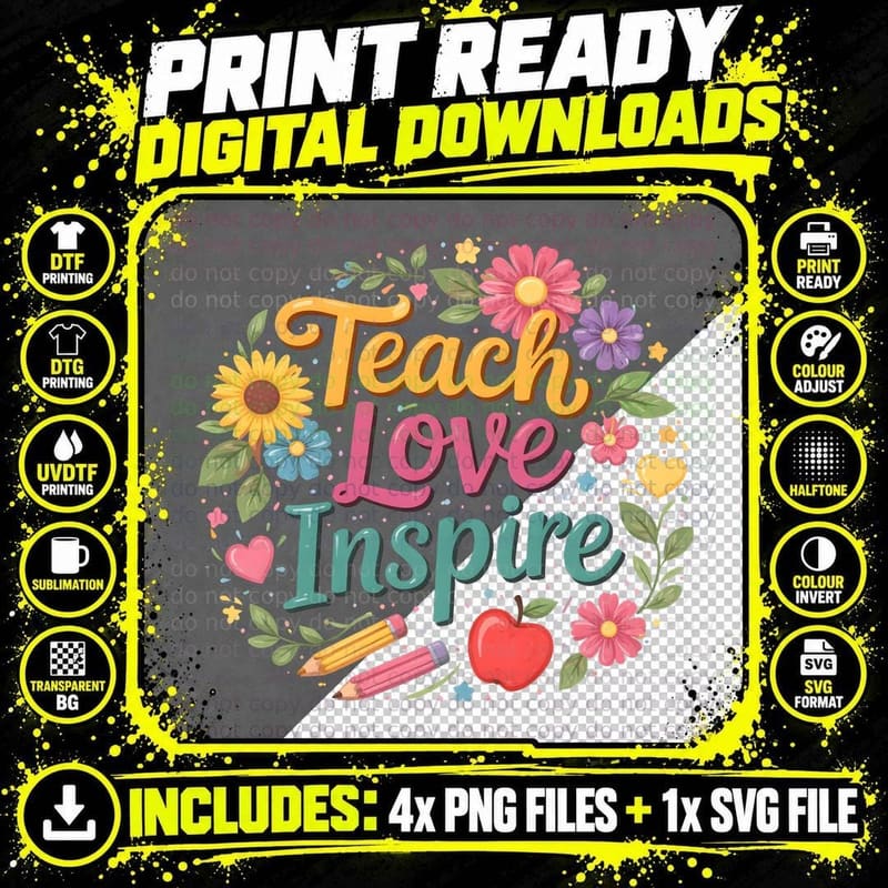 Teach Love Inspire Teacher T-Shirt Png SVG Digital Bundle