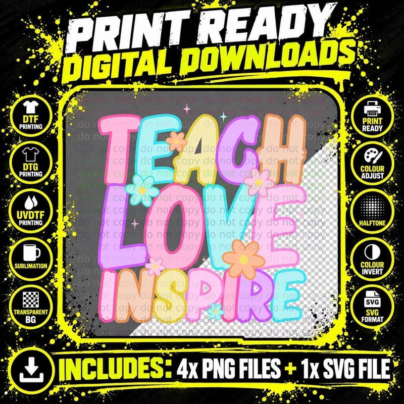 Teach Love Inspire Teacher T-Shirt Png SVG Digital Bundle