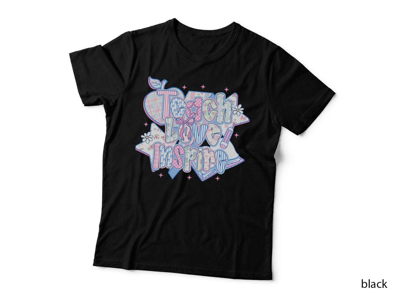 Teach Love Inspire Teacher T-Shirt, Pastel Patchwork Apple Stars Flowers