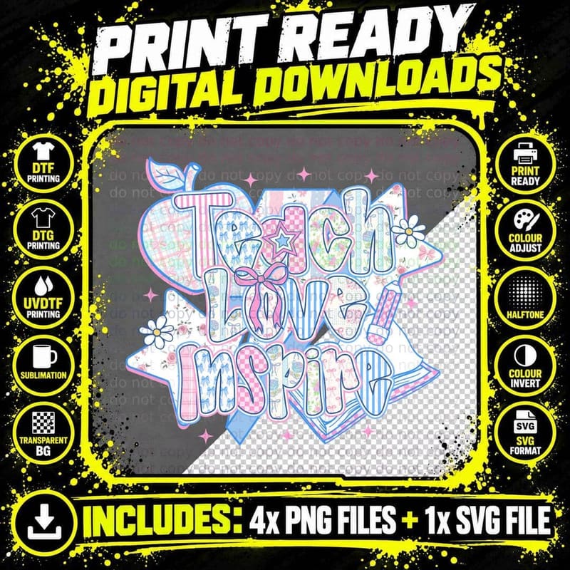 Teach Love Inspire Teacher T-Shirt Png SVG Digital Bundle