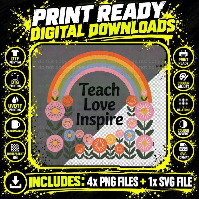 Teach Love Inspire Teacher T-Shirt Png SVG Digital Bundle