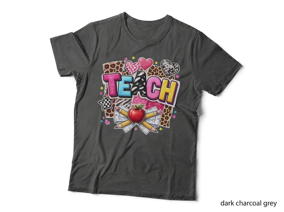 Teach Teacher T-Shirt, Colorful Teacher-Themed Collage Graphic Tee