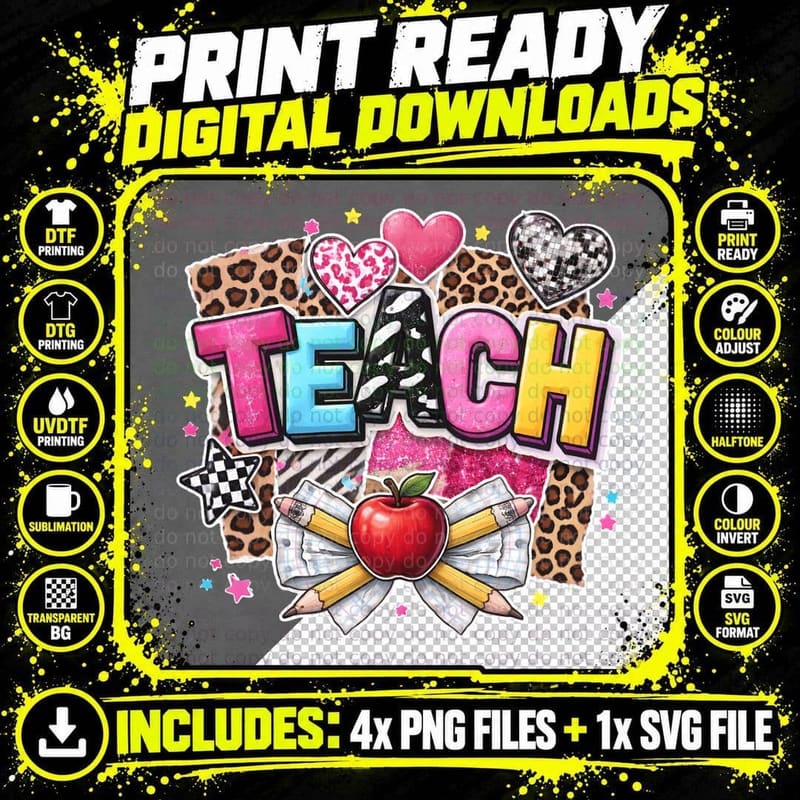 Teach Teacher T-Shirt, Colorful Teacher-Themed Collage Png SVG Digital Bundle