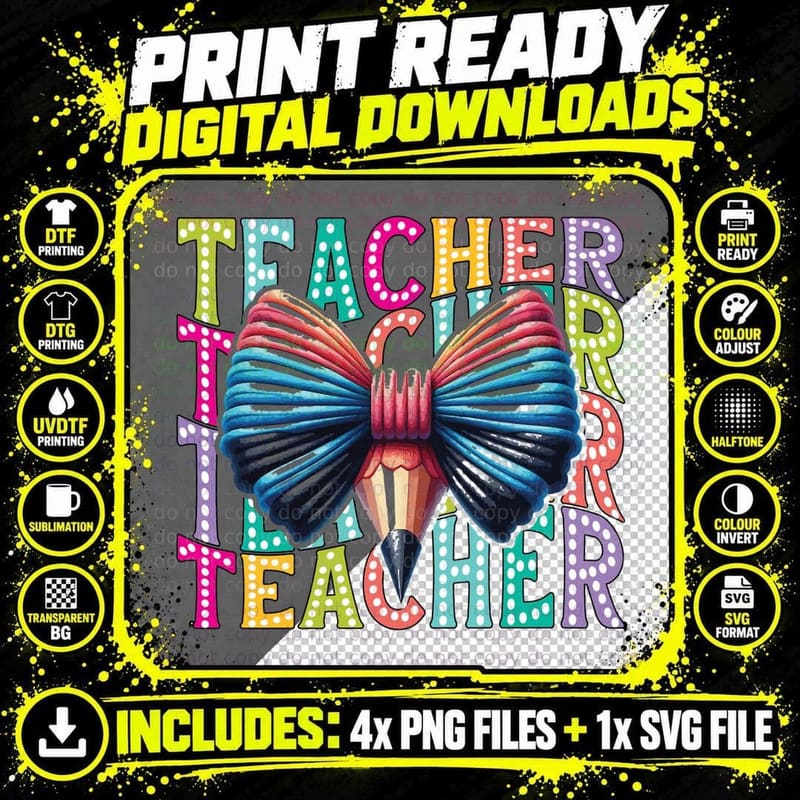 Teacher Back to School T-Shirt, Colorful Bow Pencil Png SVG Digital Bundle