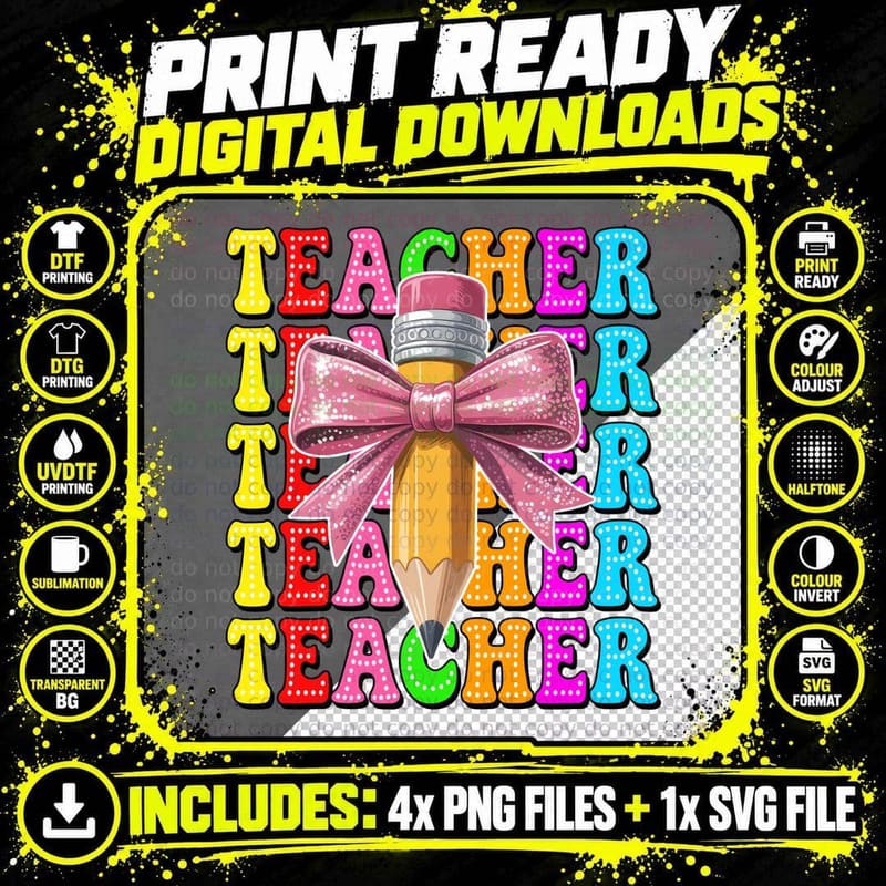 Teacher Back to School T-Shirt, Colorful Pencil with Bow Png SVG Digital Bundle