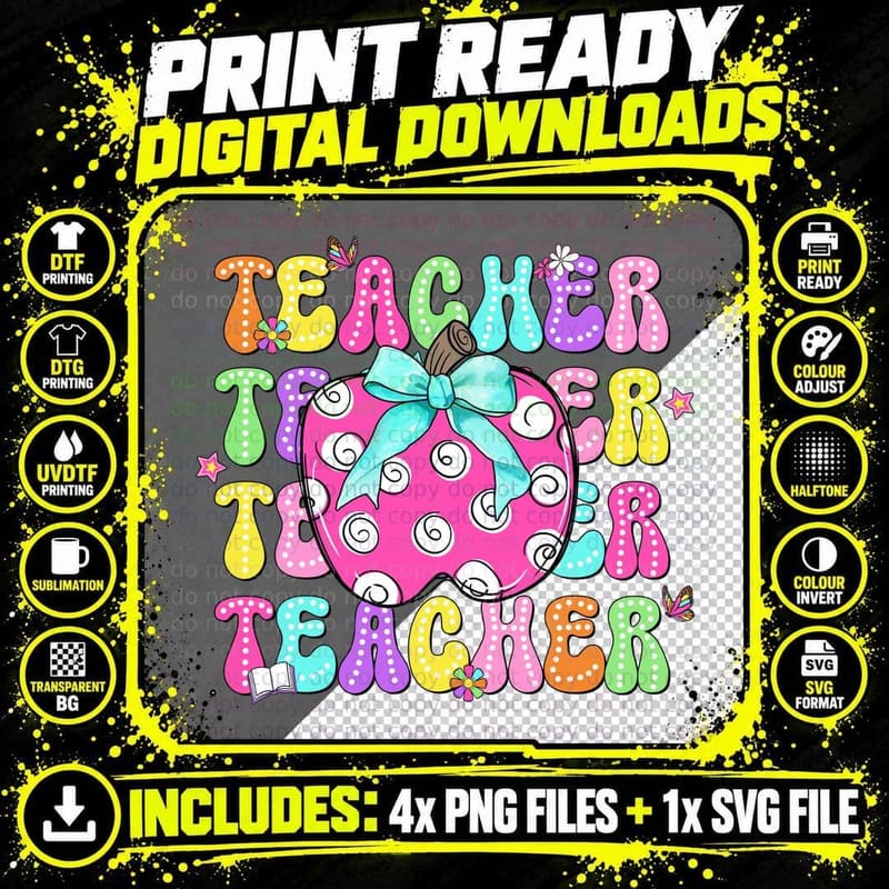 Teacher Back to School T-Shirt, Colorful Polka Dot Png SVG Digital Bundle