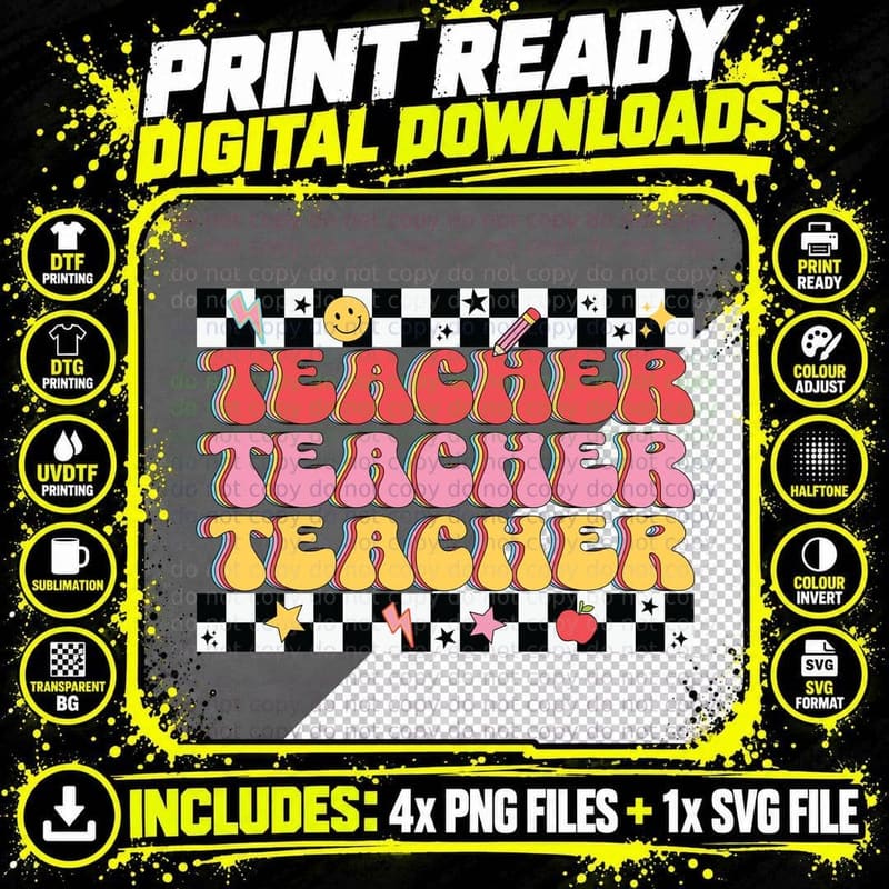 Teacher Back to School T-Shirt, Colorful Retro Teacher Png SVG Digital Bundle