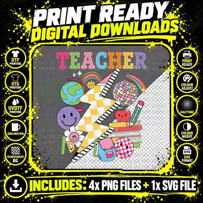 Teacher Back to School T-Shirt, Colorful School Supplies Png SVG Digital Bundle