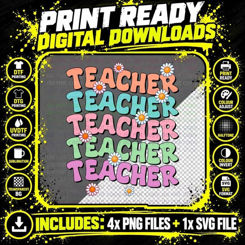 Teacher Back to School T-Shirt, Colorful Teacher Text Png SVG Digital Bundle
