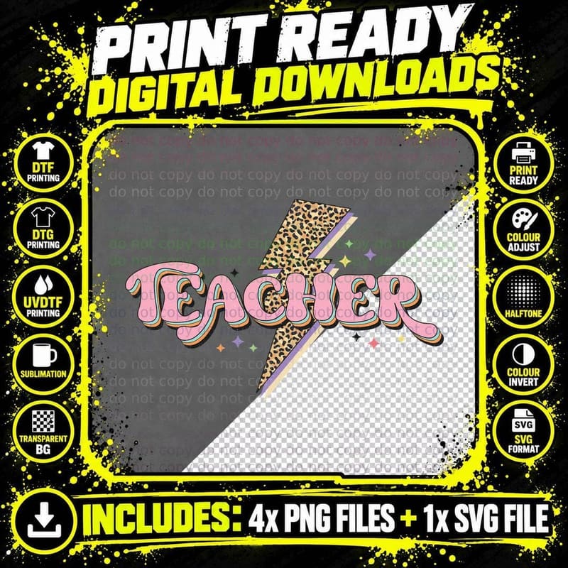 Teacher Back to School T-Shirt, Leopard Lightning Bolt Png SVG Digital Bundle