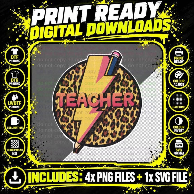Teacher Back to School T-Shirt, Leopard Print Lightning Png SVG Digital Bundle