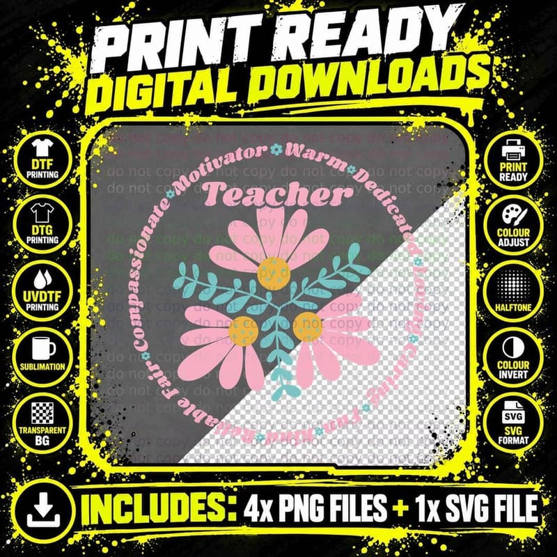 Teacher Design T-Shirt, Floral Teacher Appreciation Png SVG Digital Bundle