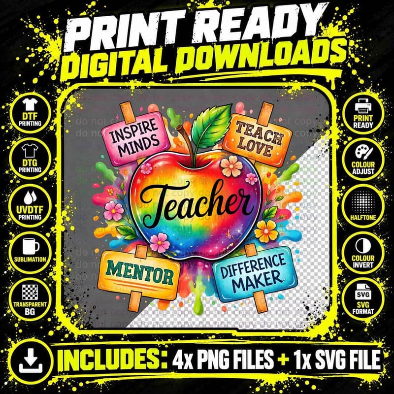 Teacher Inspire Minds Teach Love Mentor Difference Maker Png SVG Digital Bundle