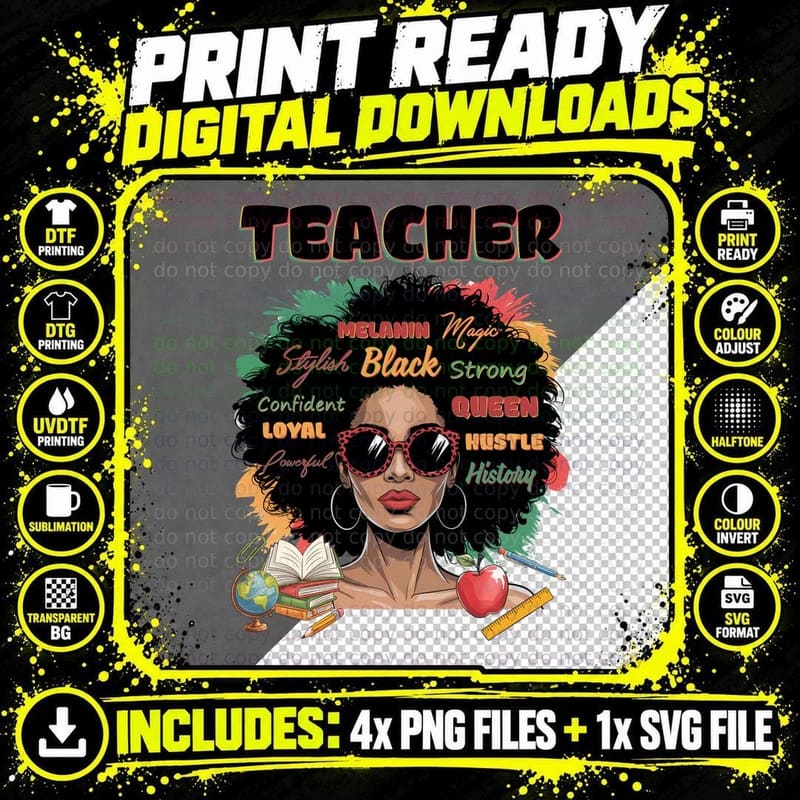 Teacher Melanin Magic Stylish Strong Black Queen Loyal Png SVG Digital Bundle