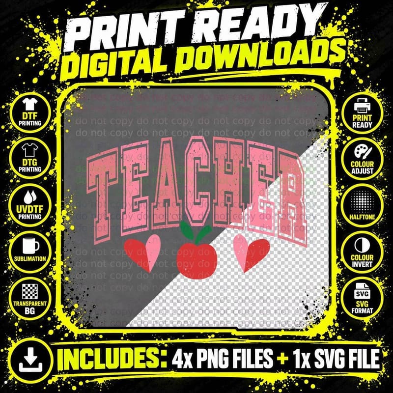 Teacher Pink Red Hearts Apple Appreciation T-Shirt Png SVG Digital Bundle