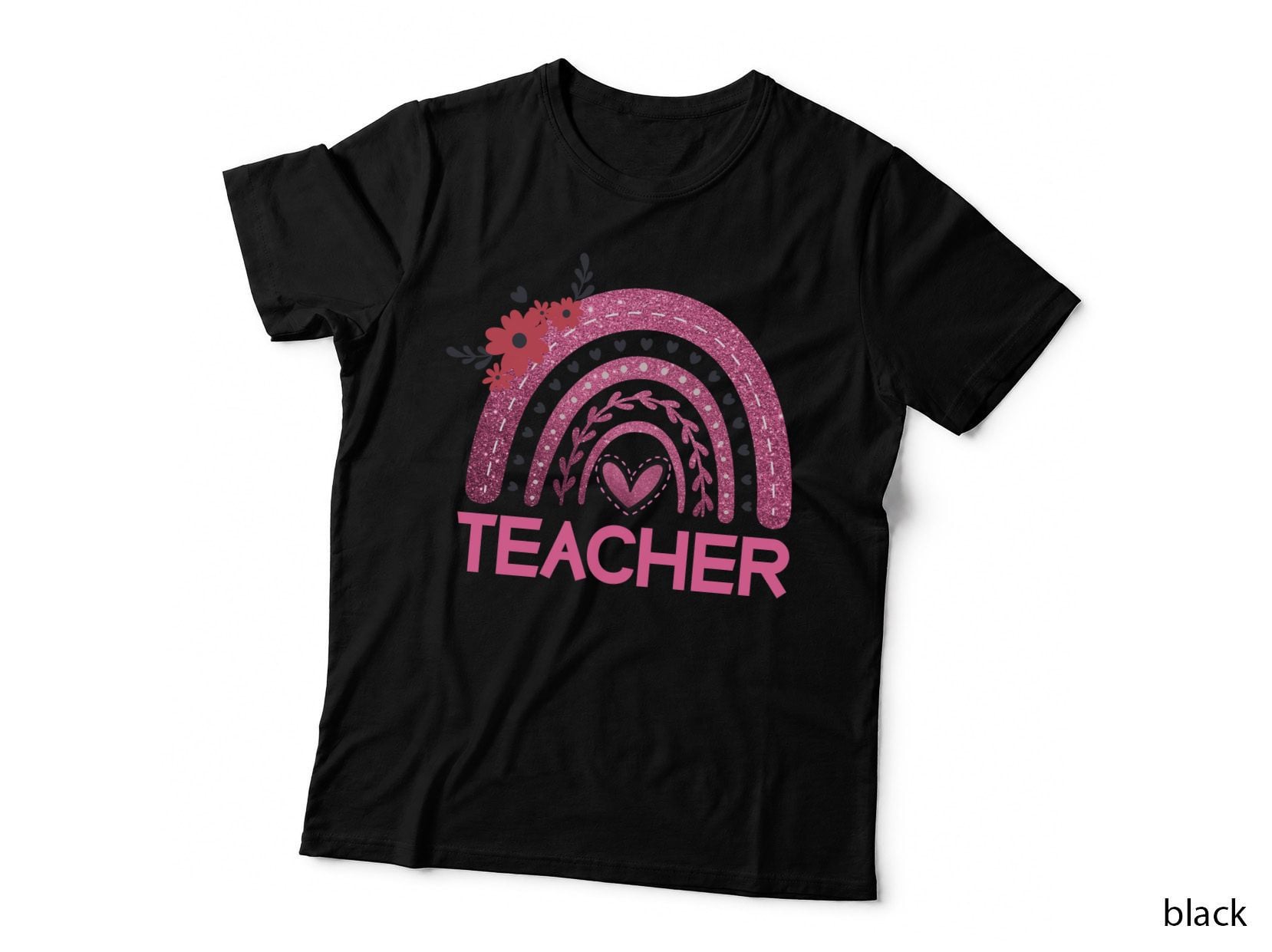 Teacher Rainbow Glitter Sparkle Hearts Pink T-Shirt