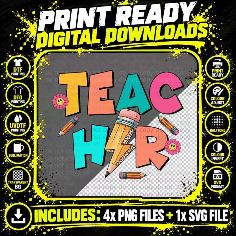 Teacher T-Shirt, Colorful Pencils and Flowers Graphic Tee Png SVG Digital Bundle