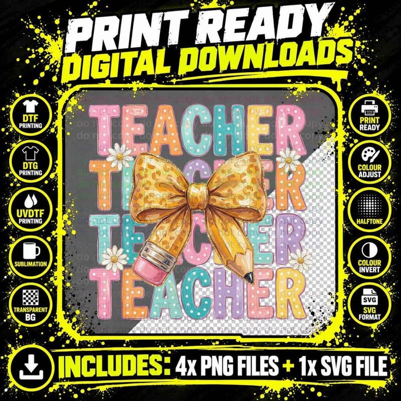 Teacher T-Shirt, Colorful Polka Dot Teacher Bow Graphic Png SVG Digital Bundle