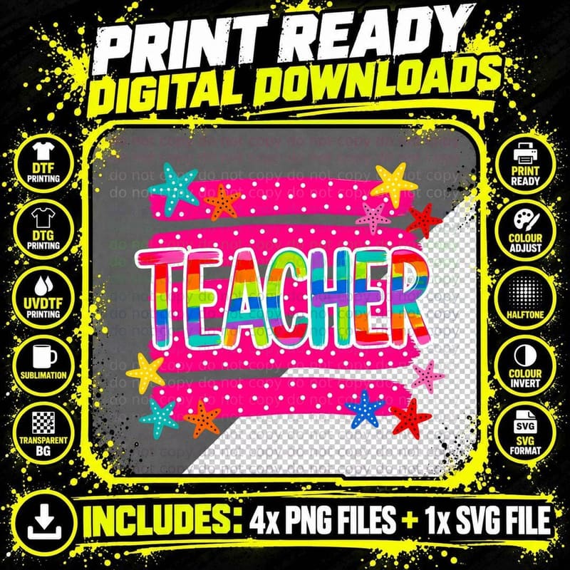 Teacher T-Shirt, Colorful Starfish on Pink Background Png SVG Digital Bundle