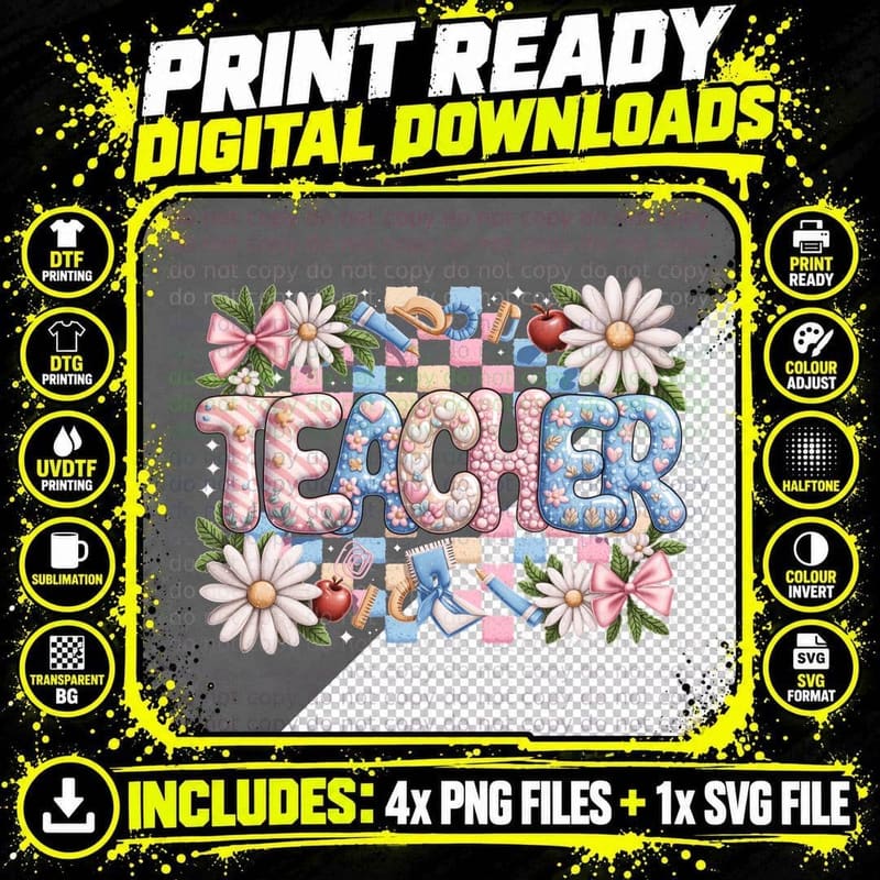 Teacher T-Shirt, Pastel Floral Teacher's Day Graphic Tee Png SVG Digital Bundle