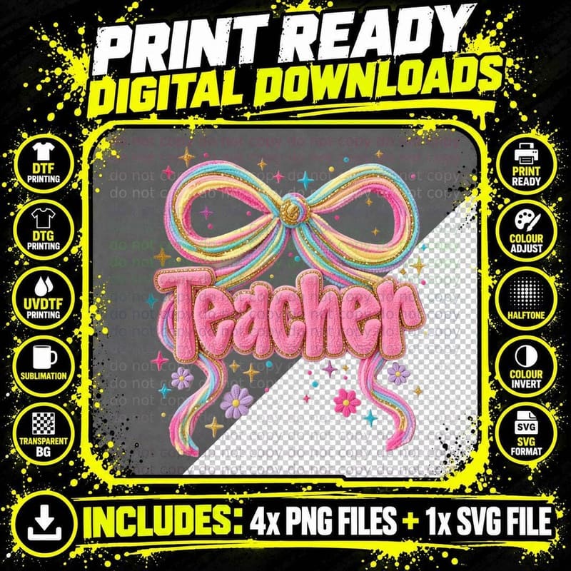 Teacher T-Shirt, Pastel Rainbow Bow with Flowers Graphic Png SVG Digital Bundle