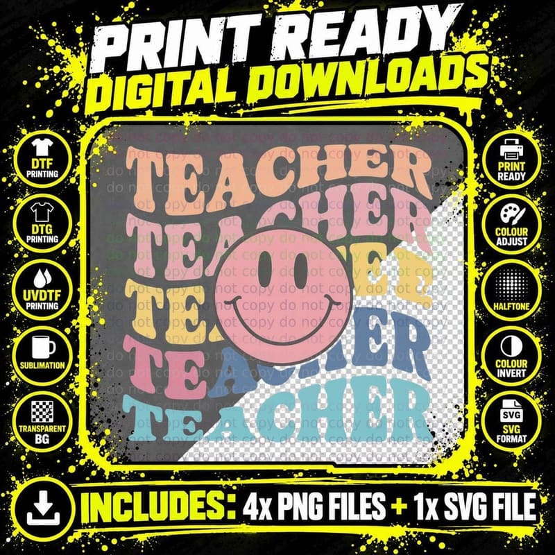 Teacher T-Shirt, Pastel Smiley Face with Repeating Png SVG Digital Bundle