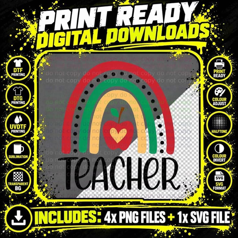 Teacher T-Shirt, Rainbow with Apple Heart Graphic Tee Png SVG Digital Bundle
