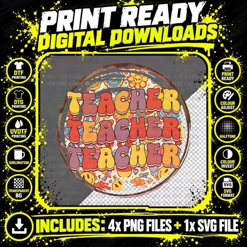 Teacher T-Shirt, Retro Floral Teacher Graphic Tee Png SVG Digital Bundle