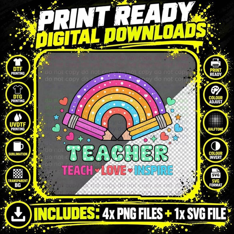 Teacher Teach Love Inspire Back to School Design T-Shirt Png SVG Digital Bundle