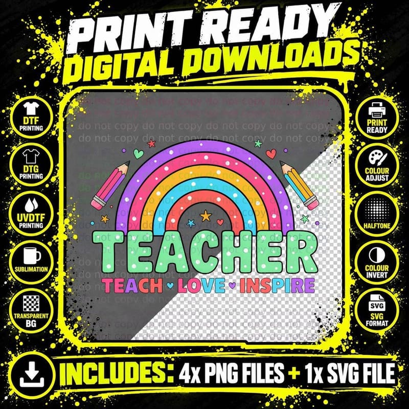 Teacher Teach Love Inspire Back to School T-Shirt Png SVG Digital Bundle