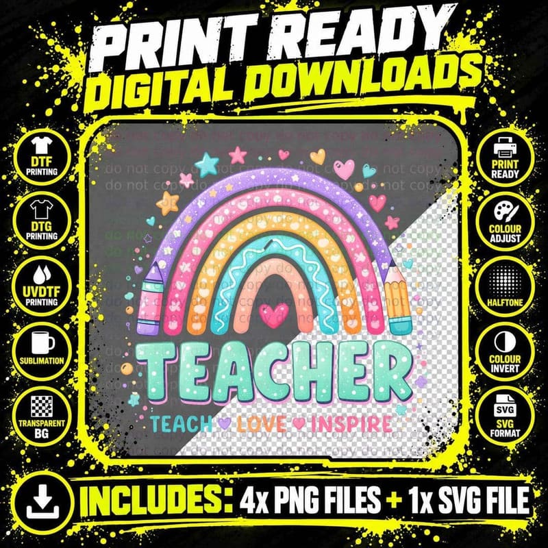 Teacher Teach Love Inspire School Grade Level T-Shirt Png SVG Digital Bundle