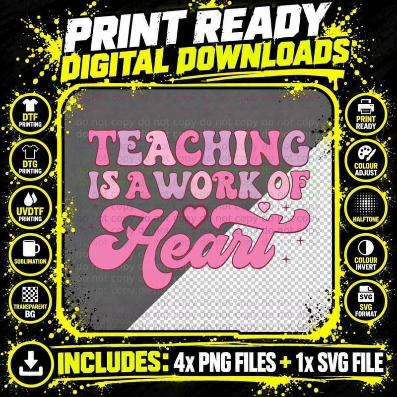 Teacher Teaching Is a Work of Heart Pink Bubble Letters Png SVG Digital Bundle