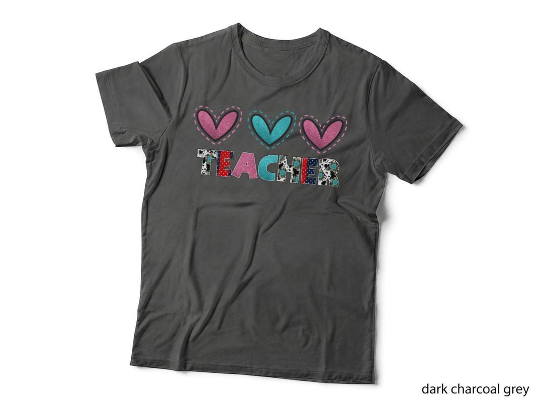Teacher Three Hearts Pink Cyan Checkered Pattern T-Shirt