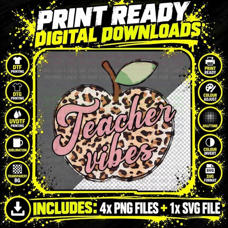 Teacher Vibes Teacher T-Shirt, Leopard Print Apple with Png SVG Digital Bundle