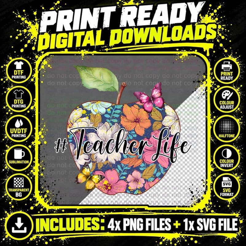 Teacherlife Teacher T-Shirt, Floral Apple with Png SVG Digital Bundle