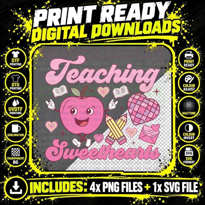 Teaching Sweethearts Teacher Apple Hearts Gift Pencils Png SVG Digital Bundle