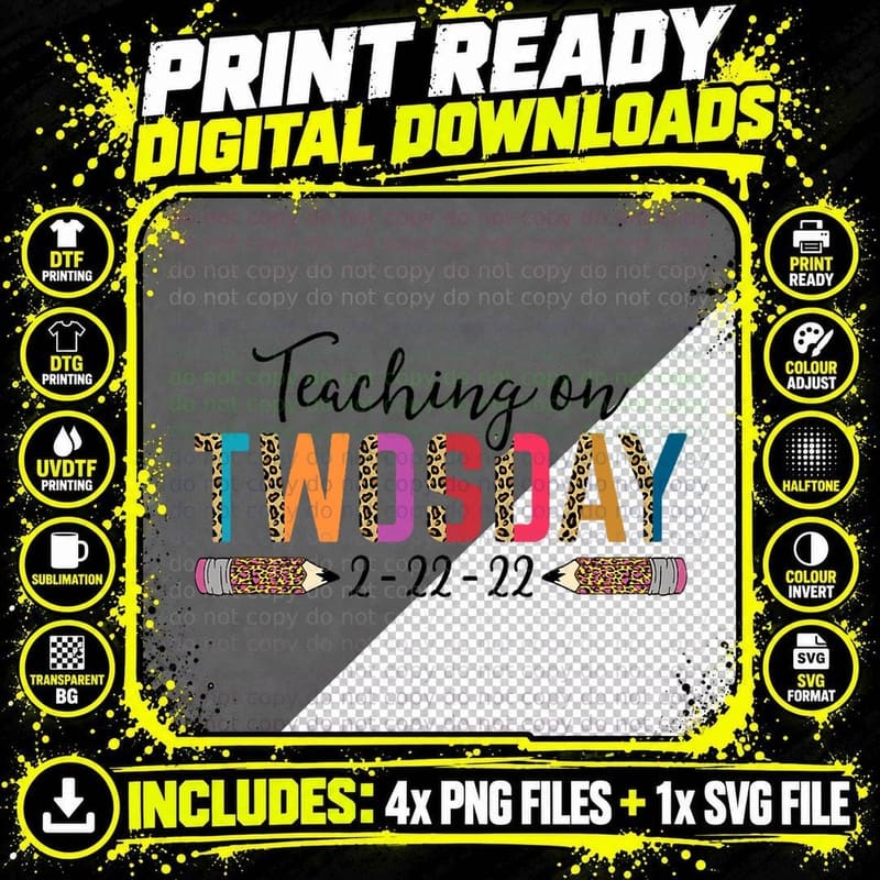 Teaching on Twosday 22222 Leopard Pencil Teacher 2-22-22 Png SVG Digital Bundle