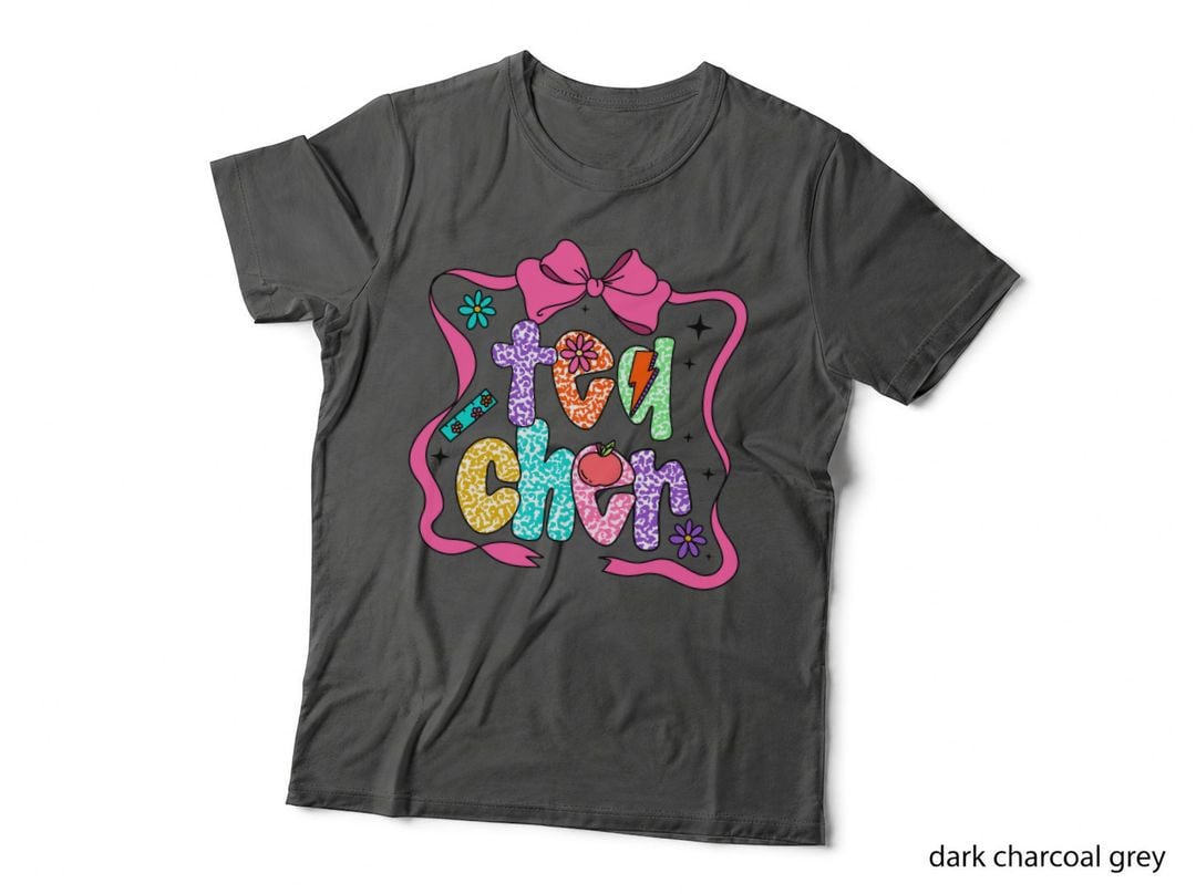 Ted Chin Teacher T-Shirt, Colorful Leopard Print Letters with Graphic Tee