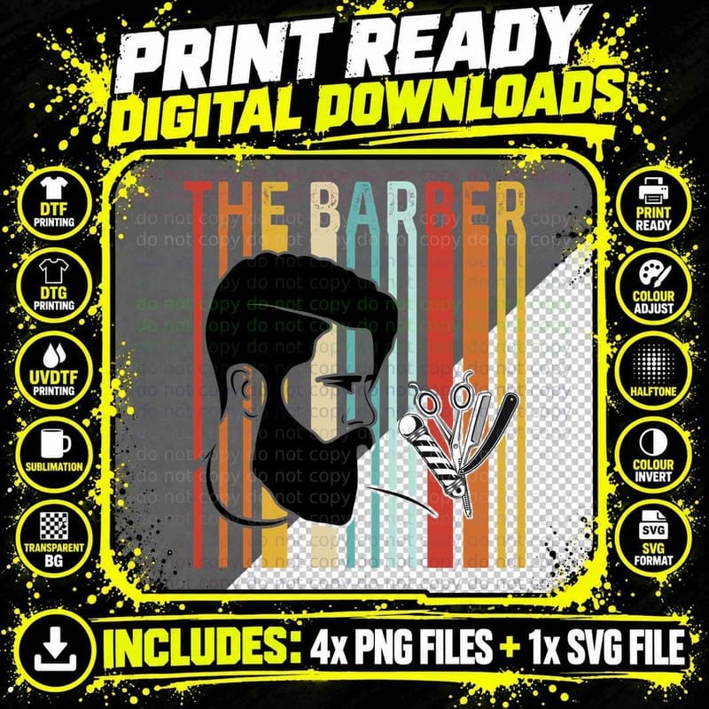 The Barber T-Shirt, Retro Barber Silhouette with Tools Png SVG Digital Bundle