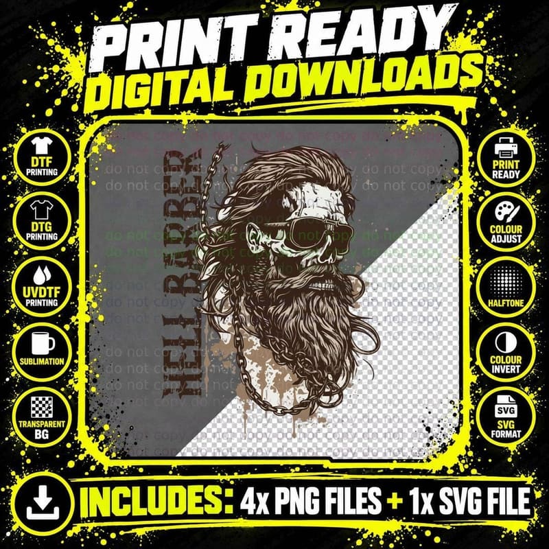 Wild Bearder Barber T-Shirt, Skull with Beard and Chain Png SVG Digital Bundle