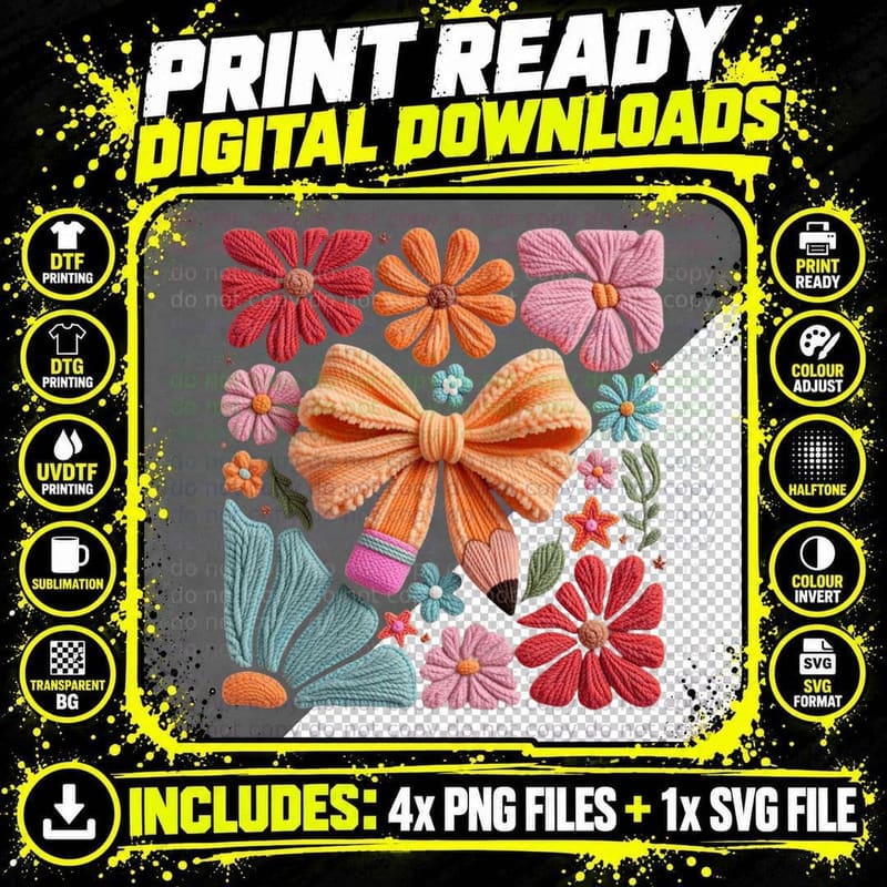 Yarn Flowers and Bow Teacher T-Shirt Png SVG Digital Bundle