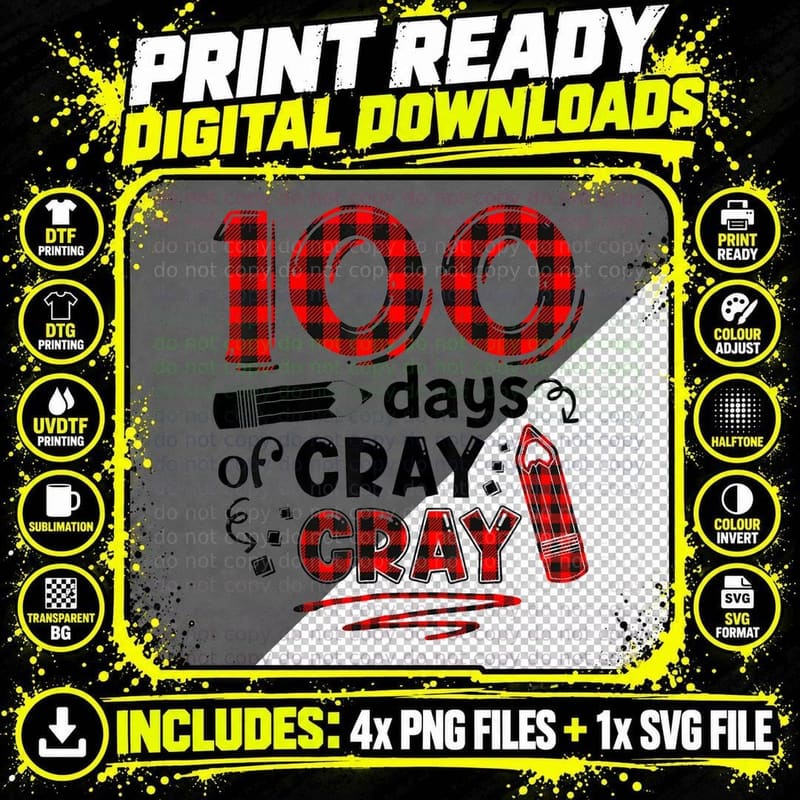 100 Days Cray Cray 100th Day of School Buffalo Plaid Png SVG Digital Bundle