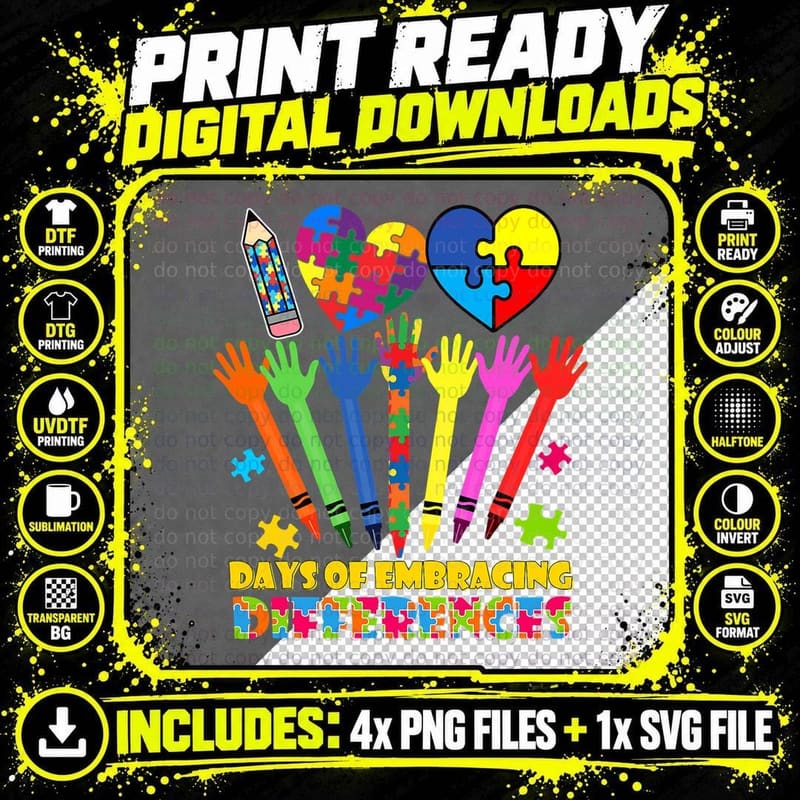 100 Days of Embracing Differences Sped Teacher Autism Png SVG Digital Bundle