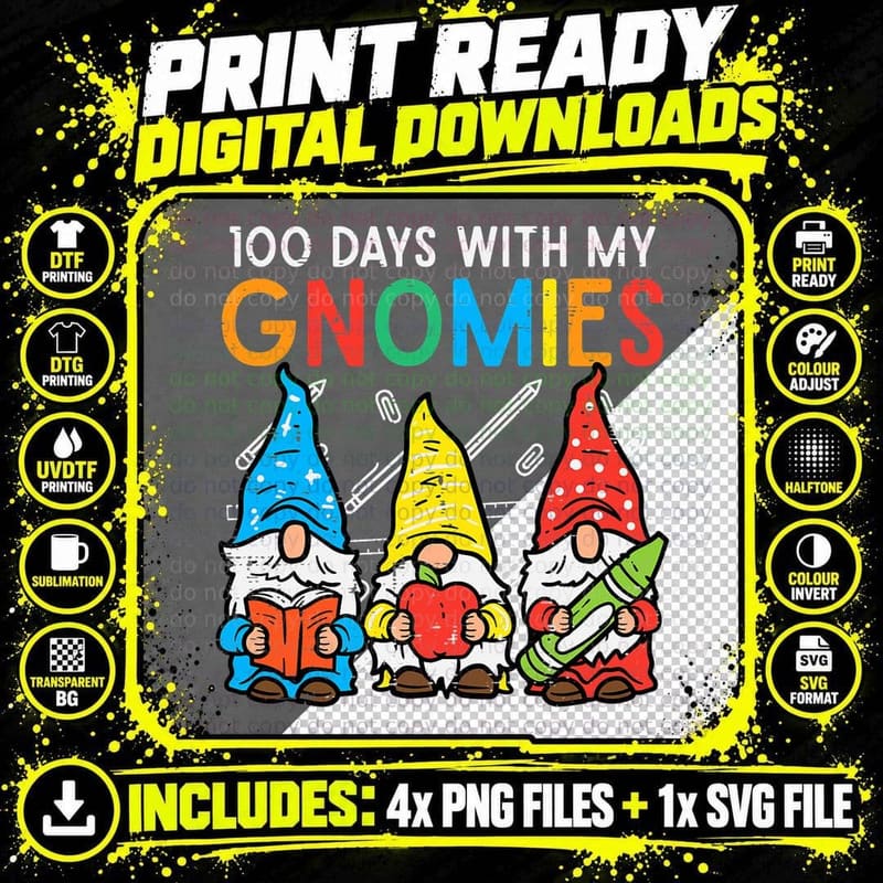 100 Days with My Gnomies Cute 100th Day School Teacher Png SVG Digital Bundle